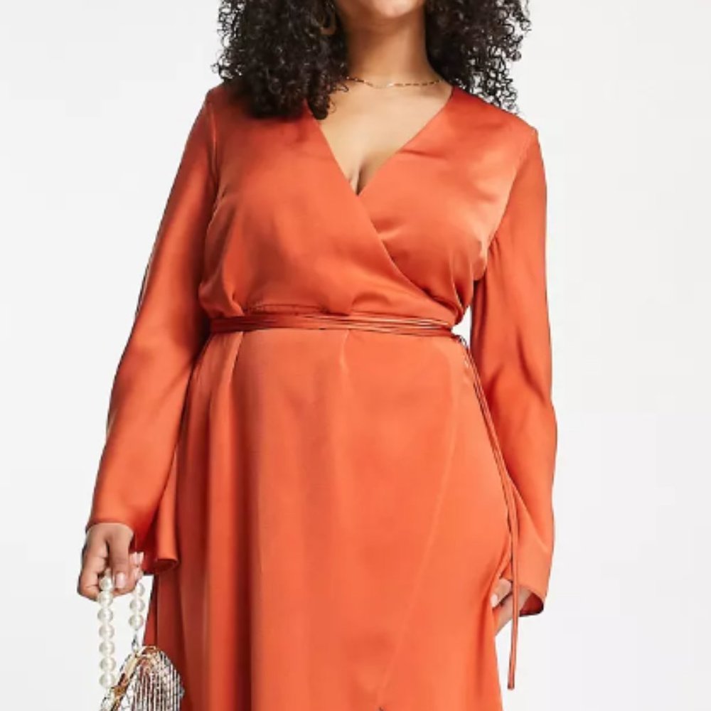 ASOS DESIGN Curve bias cut satin wrap dress with tie waist in ginger
